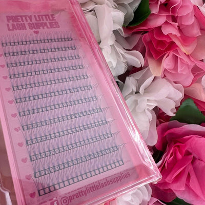 Pretty Little Lash Supplies pink lash extension tray with black lashes on clear background, surrounded by pink and white flowers.