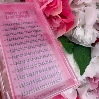 Pretty Little Lash Supplies pink eyelash extension tray with various lengths, surrounded by soft floral petals.