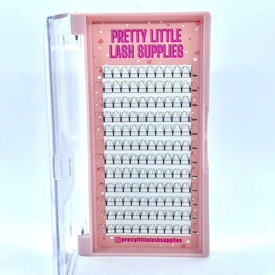 Pretty Little Lash Supplies pink lash tray with black mixed curl lashes, easy access for beauty professionals.