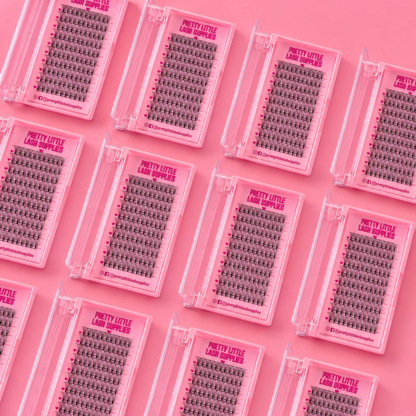 Pretty Little Lash Supplies: Pink eyelash extension trays with mixed lengths, showcasing high-quality synthetic lashes.