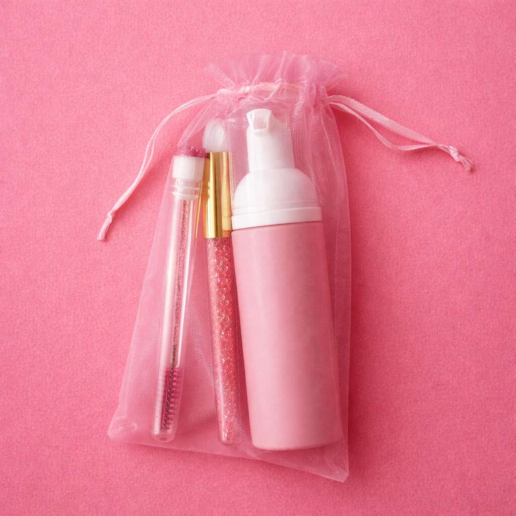 Pink organza pouch containing a pink spray, glitter lip gloss, and applicator brush set. Perfect for on-the-go beauty.