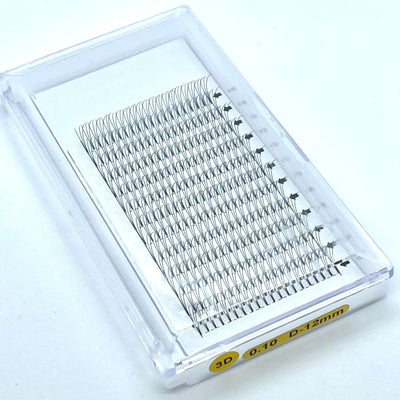 3D D-Curl eyelash extensions, 0.10mm thickness, black, 12mm length, neatly arranged in a clear storage case.
