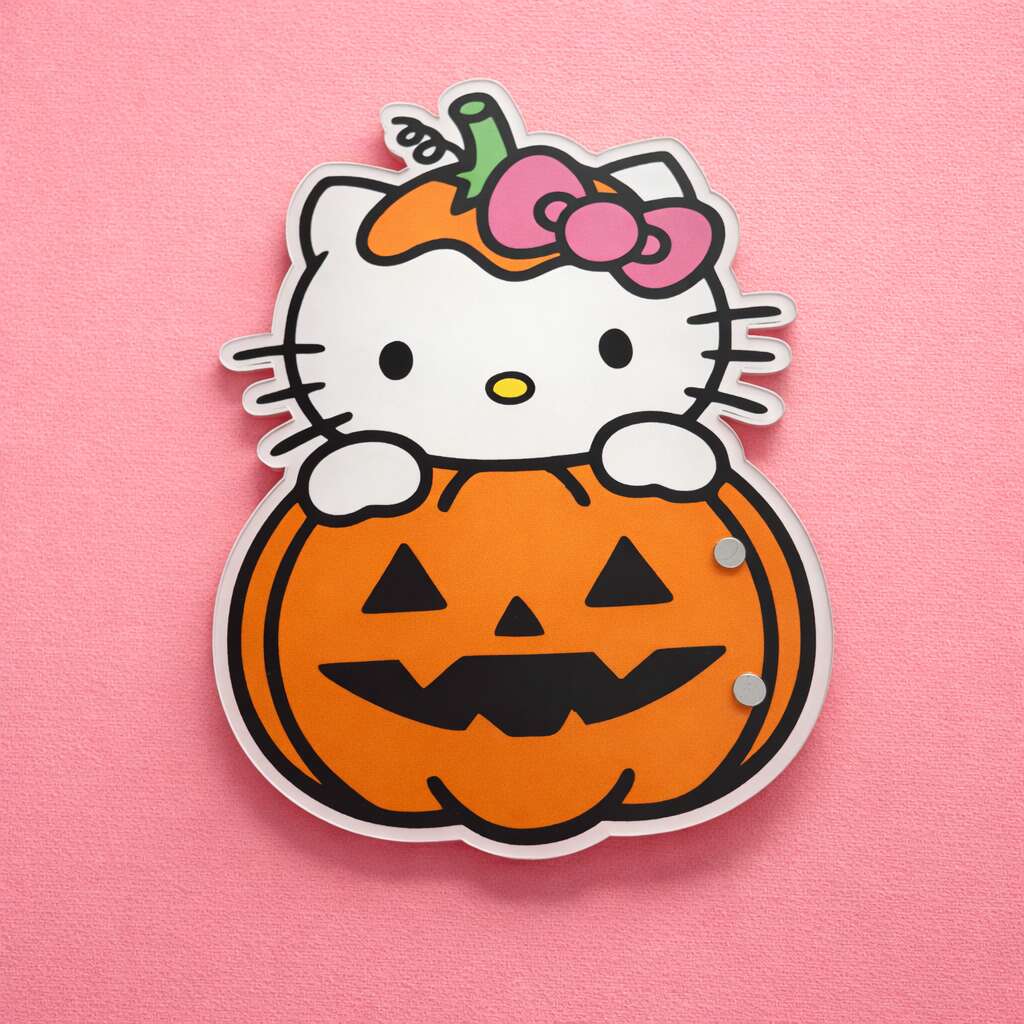 Hello Kitty Halloween pumpkin lash tile in vibrant orange and pink, made from durable plastic. Perfect for lash techs.
