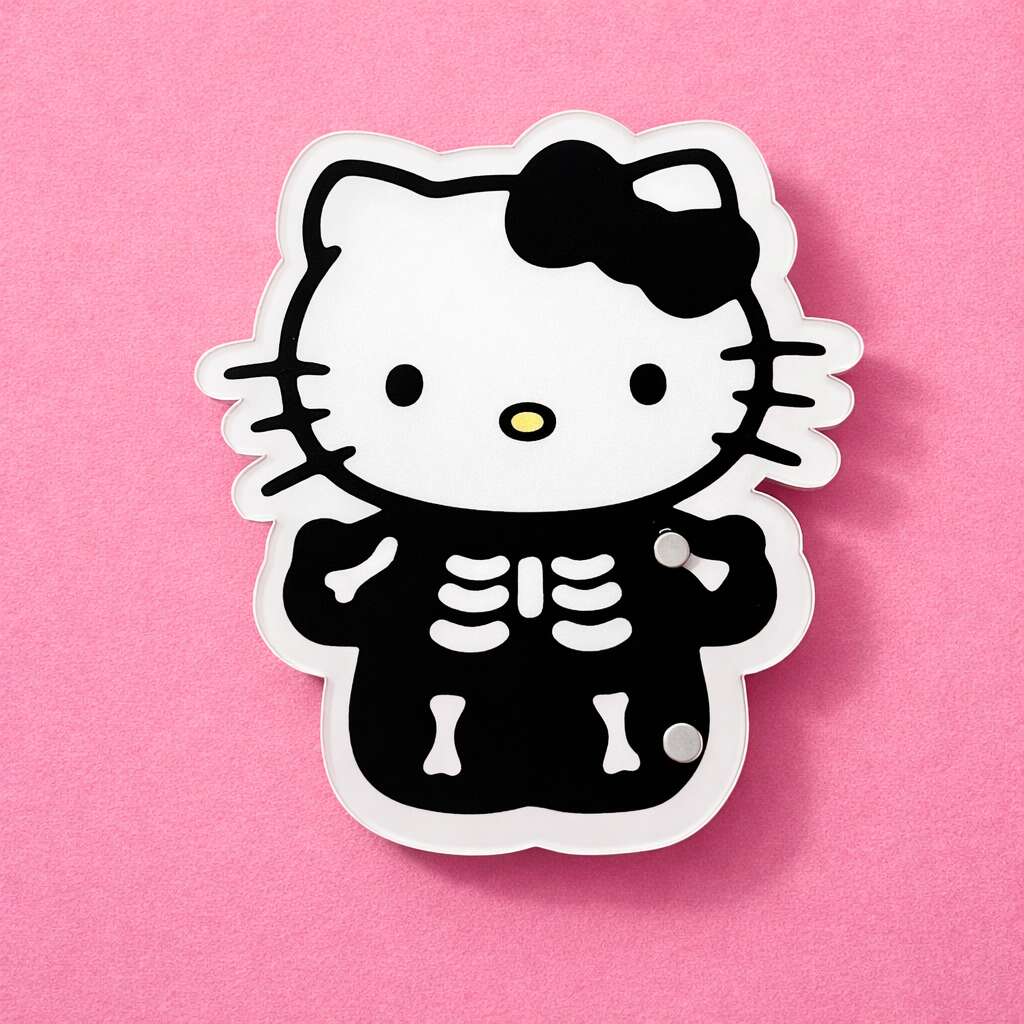 Hello Kitty skeleton lash tile, black and white, playful design on pink background, perfect for Halloween lash tech accessories.