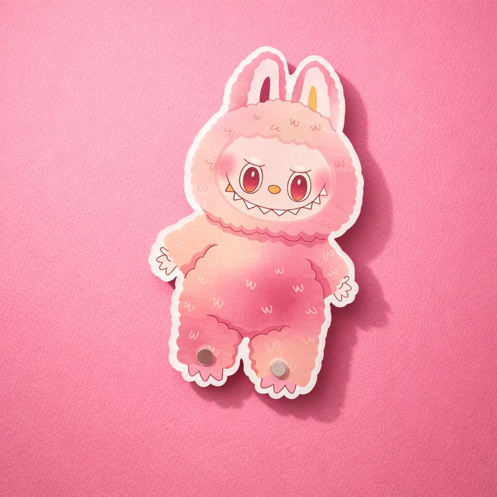 Cute pink/yellow labubu lash tile, featuring whimsical facial expressions and soft, fluffy texture.