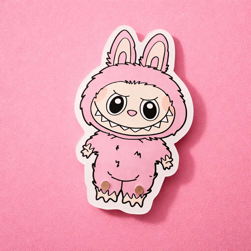 Cute pink labubu lash tile with a playful expression, featuring fur texture and bold black outlines.