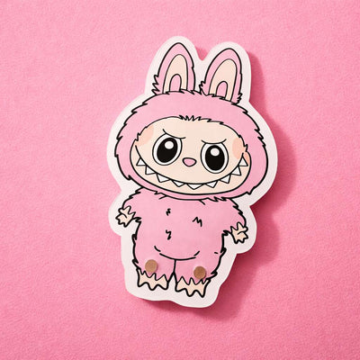 Cute pink labubu lash tile with a playful expression, featuring fur texture and bold black outlines.