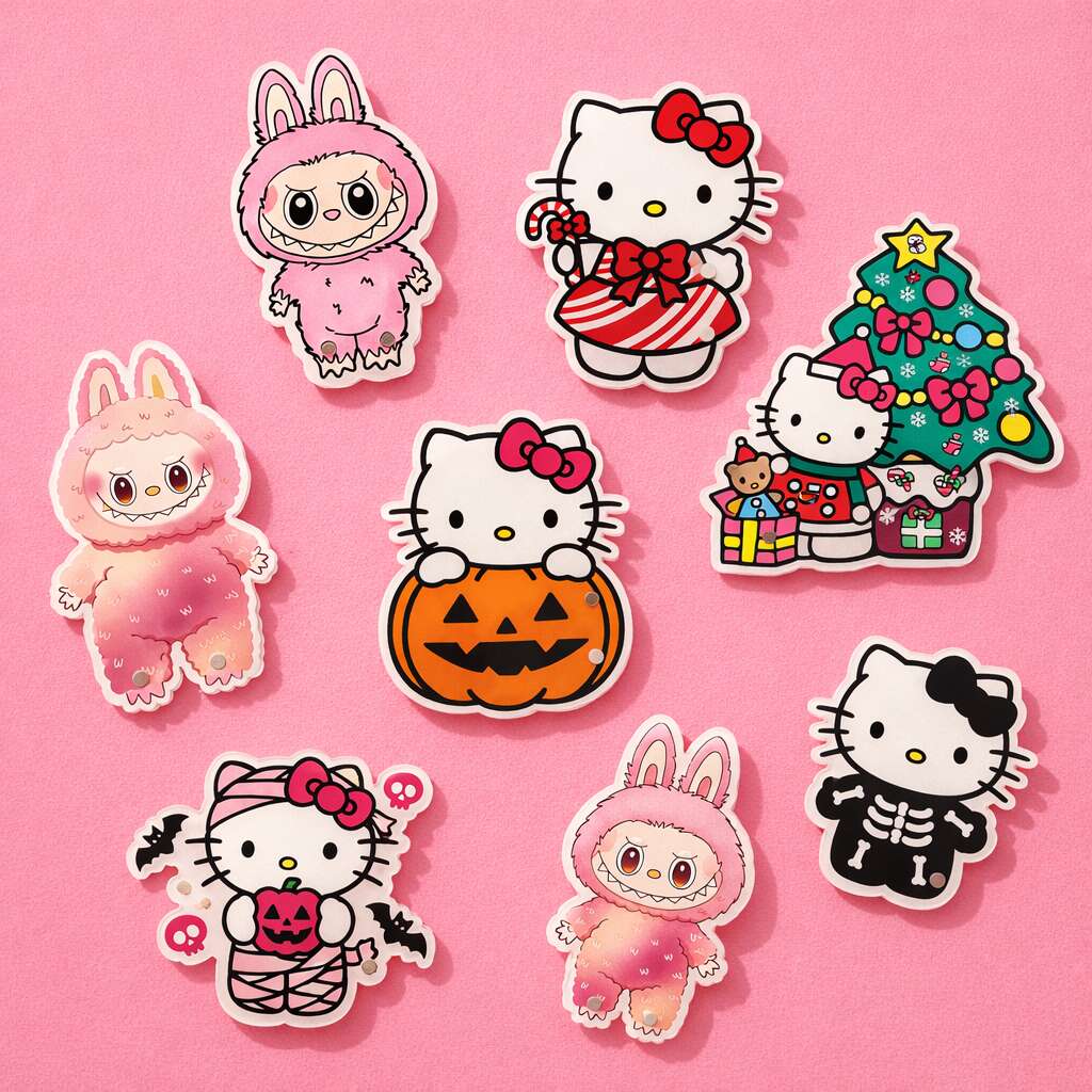 Colorful Halloween and holiday Hello Kitty lash tiles with cute characters in pink, black, and festive designs.