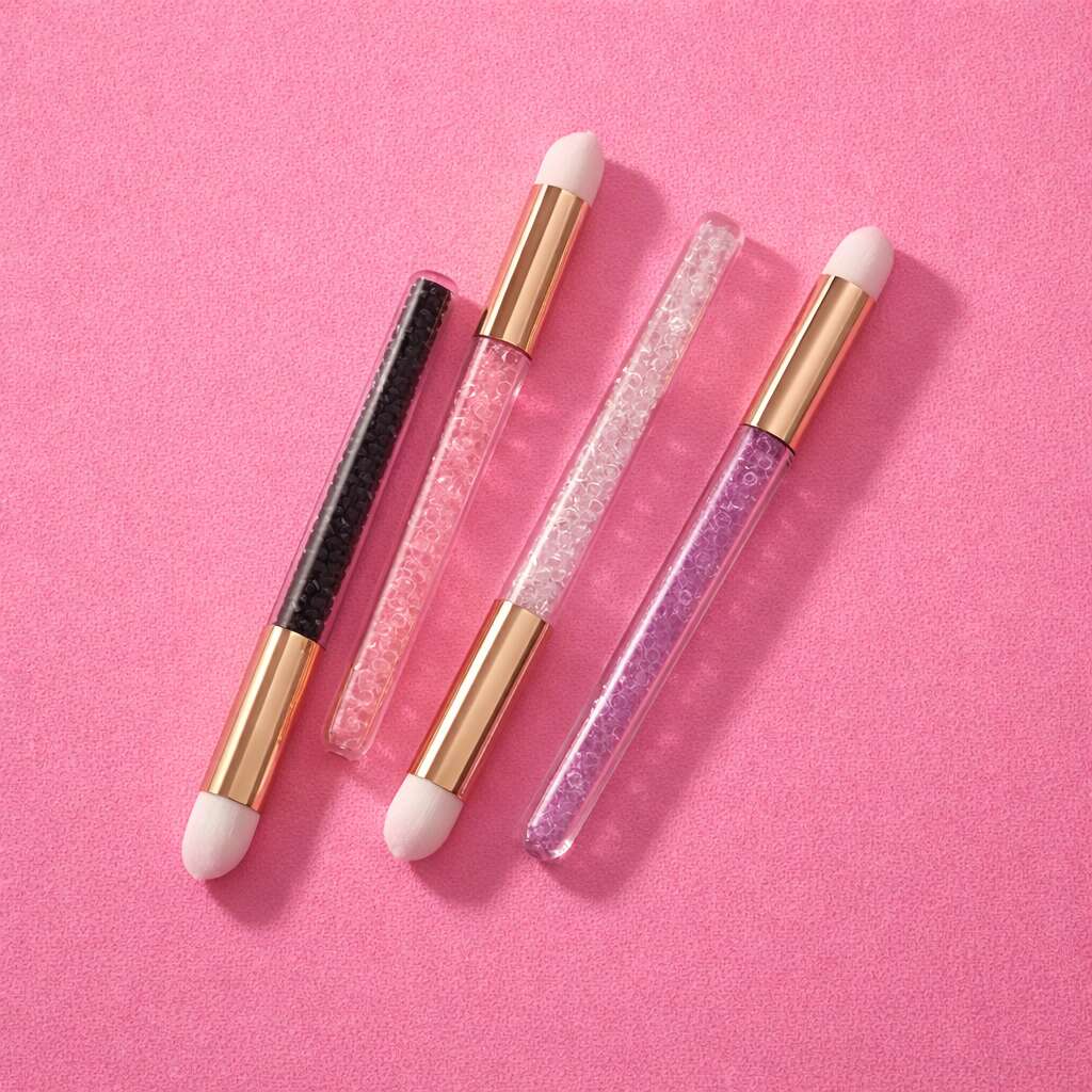 Set of 4 dual-ended makeup applicators, featuring black, clear, pink, and purple glitter styles with golden accents.