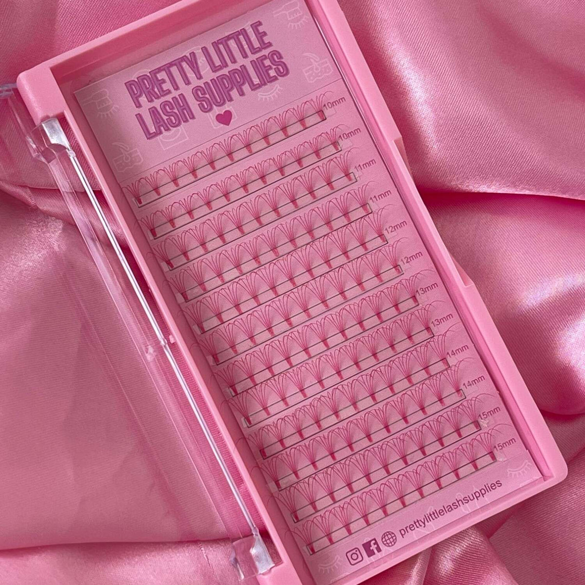 Pink lash extension tray with clear lid, featuring lengths from 8mm to 14mm, ideal for professional lash artists.