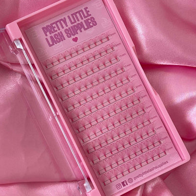 Pink lash extension tray with clear lid, featuring lengths from 8mm to 14mm, ideal for professional lash artists.