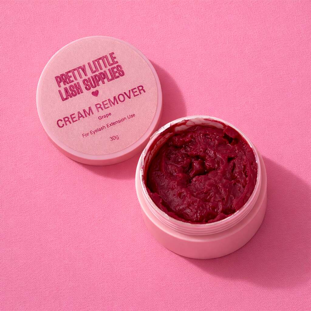 Creamy pink eyelash extension remover in a 30g jar, featuring a vibrant grape color, ideal for eyelash maintenance.
