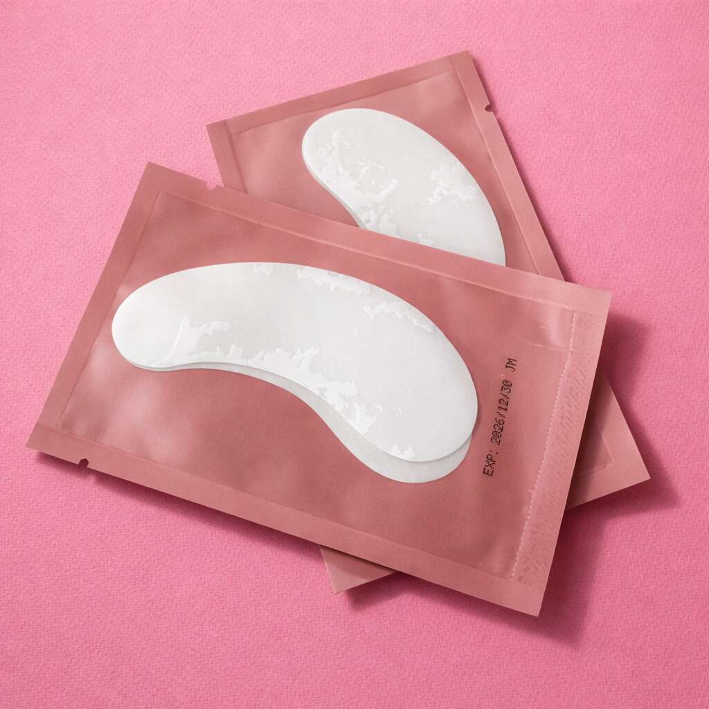 Rose gold under-eye patches in pink packaging for hydration and revitalization. Ideal for tired, puffy eyes.