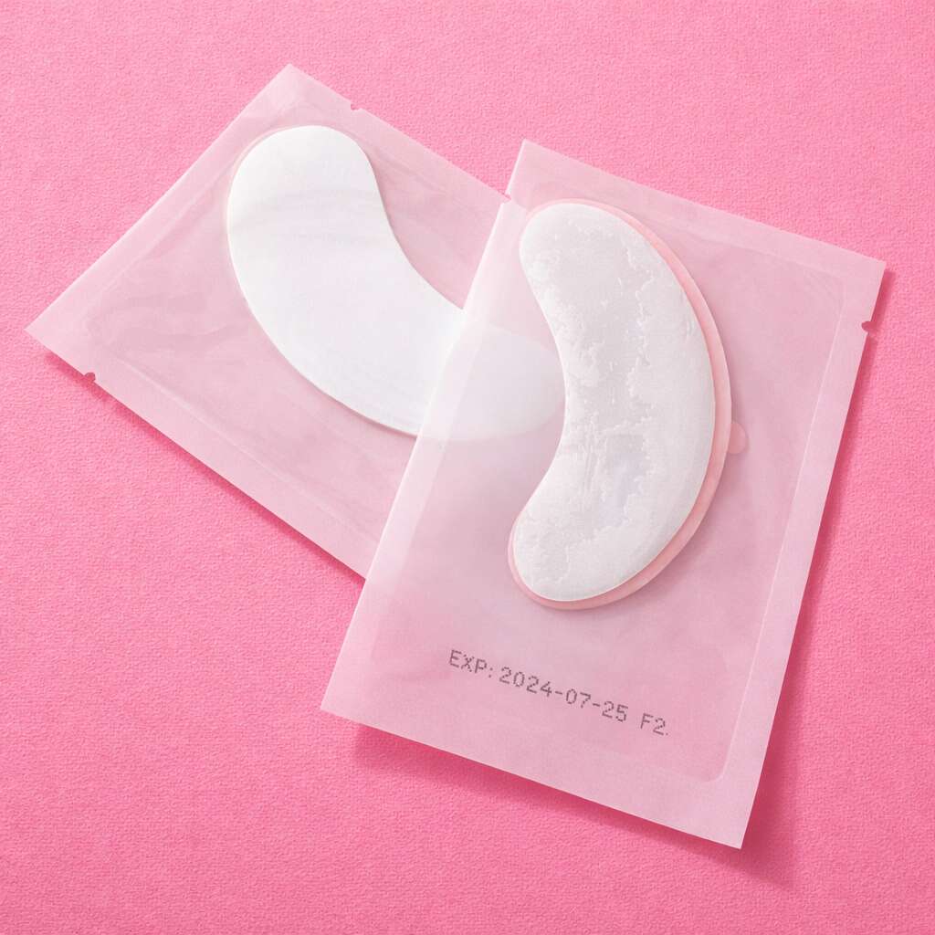 Hydrating eye masks in pink packaging, featuring a marbled white design, ideal for reducing puffiness and dark circles.