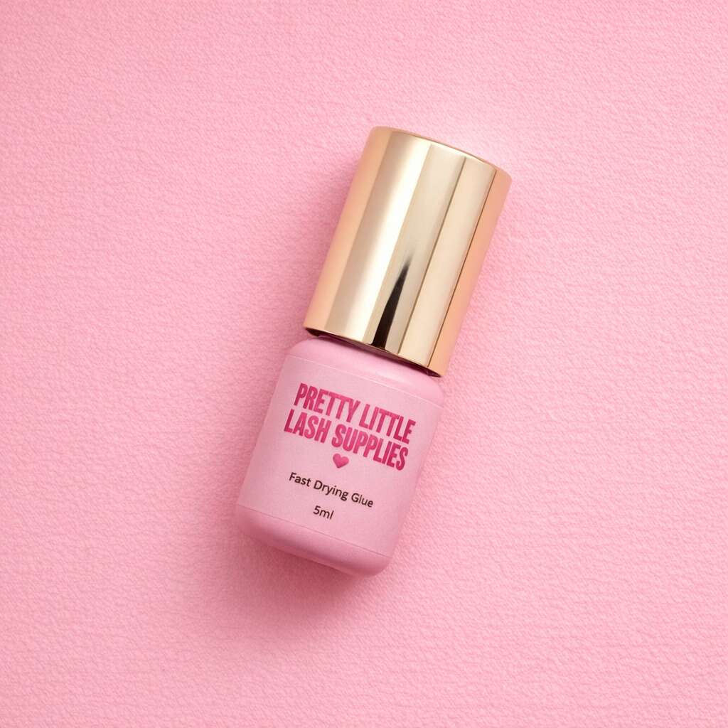 Fast-drying pink lash glue in a stylish 5ml bottle with gold cap from Pretty Little Lash Supplies.