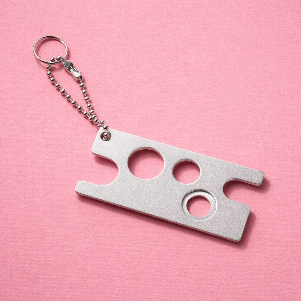 Silver keychain multitool with three holes, crafted from sturdy metal, against a pink background.