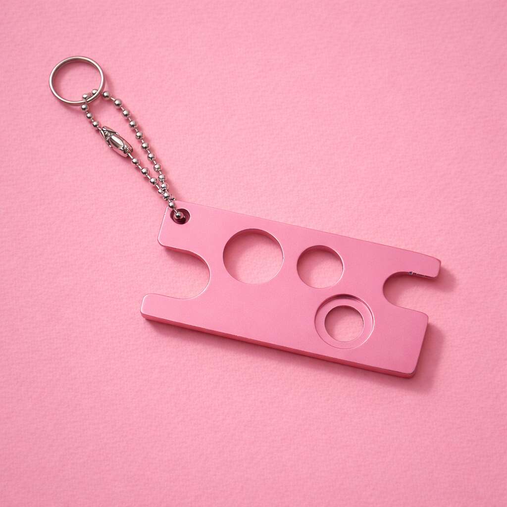 Pink aluminum keychain tool with three cutouts, designed for convenience and style. Perfect for on-the-go use.
