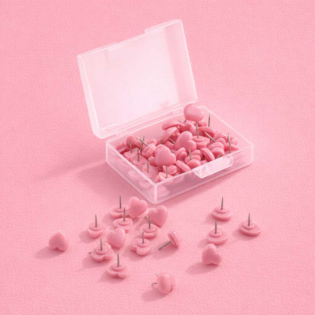 Heart-shaped pink push pins in a clear case, perfect for organization and decoration. Ideal for crafting and office use.