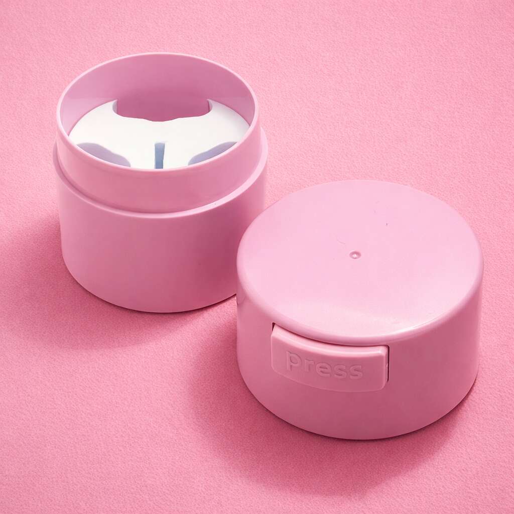 Pink silicone press container with removable lid, perfect for storing small items or snacks. Modern and chic design.