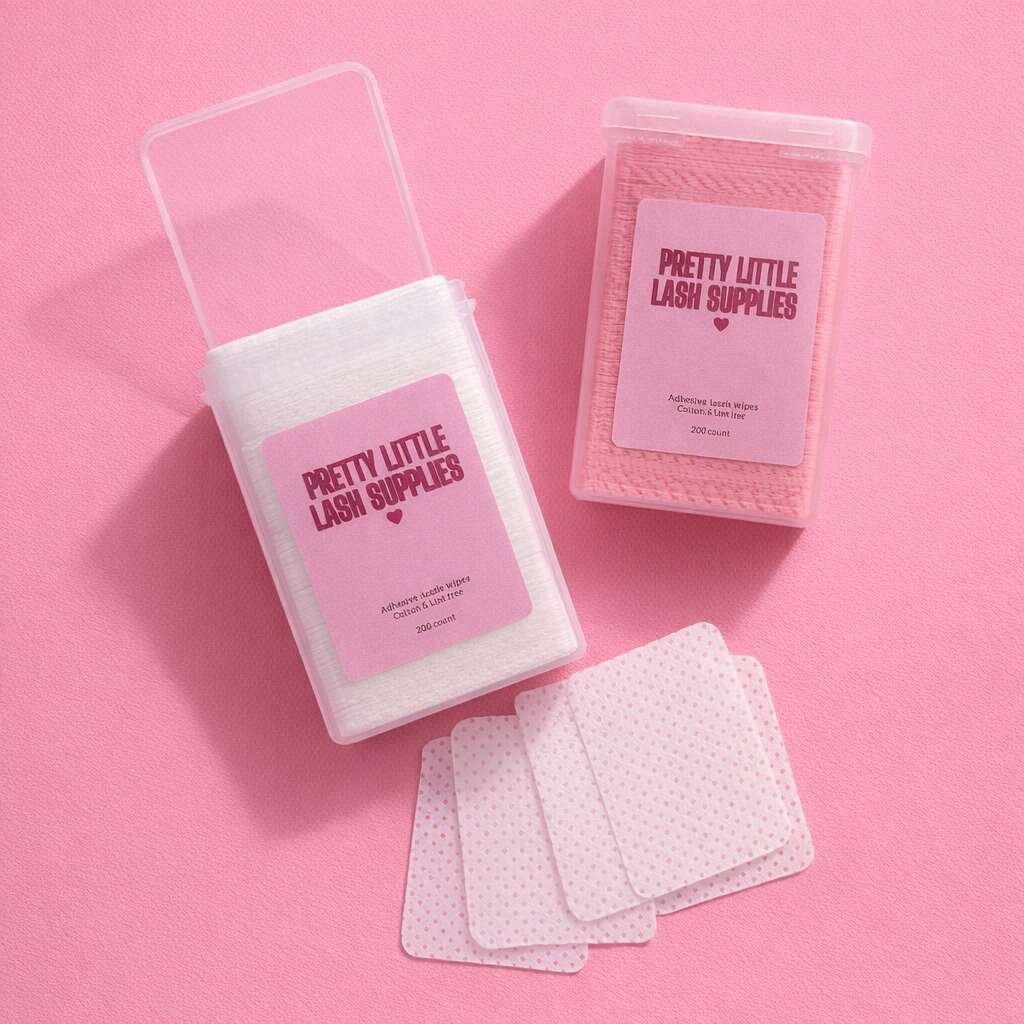Pretty Little Lash Supplies in pink packaging, featuring adhesive lash strips and 200 disposable lash pads.