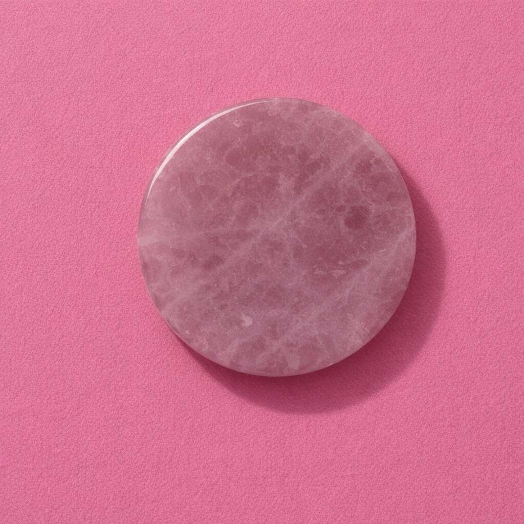 Round pink rose quartz facial roller stone on a vibrant pink background for skincare and beauty routines.