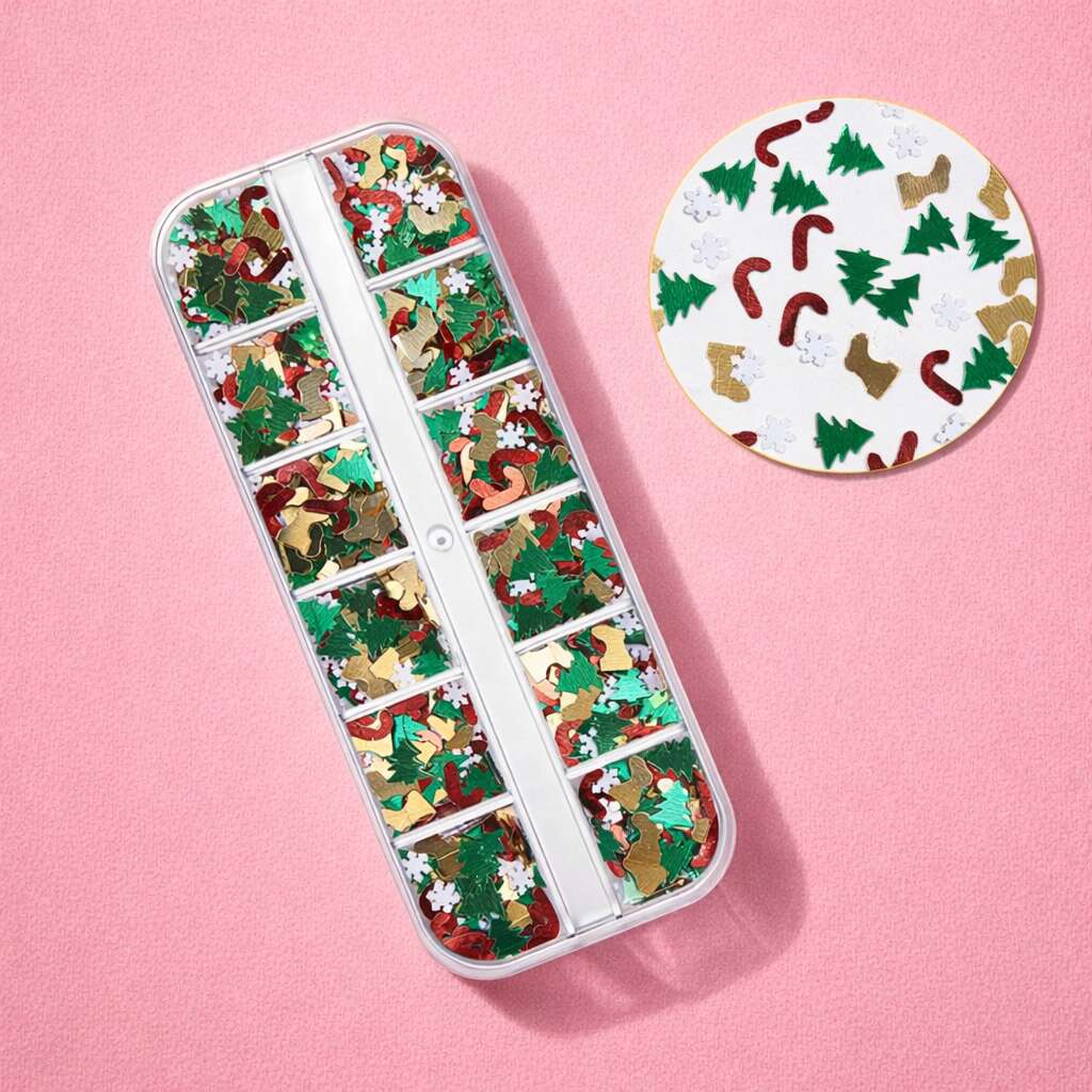 Festive sequin mix with Christmas trees, stockings, and candy canes, in a silver compartment case. Perfect for crafts.