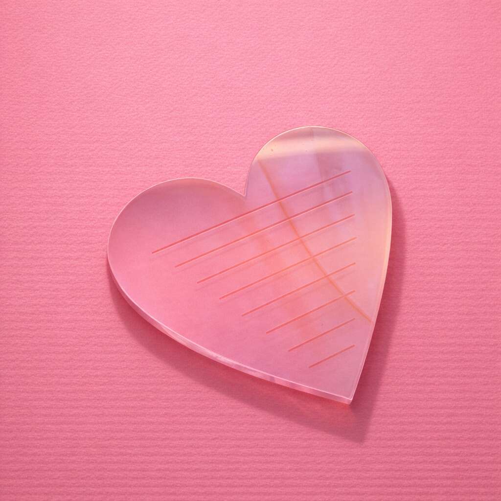 Pink heart-shaped acrylic serving tray with etched lines, perfect for home decor and special occasions.