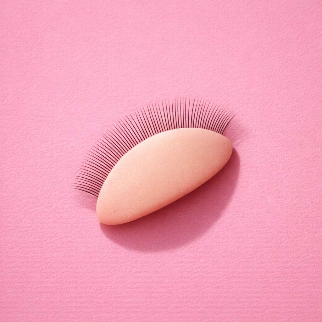 Pink silicone lash applicator with long black synthetic lashes on a pastel pink background.