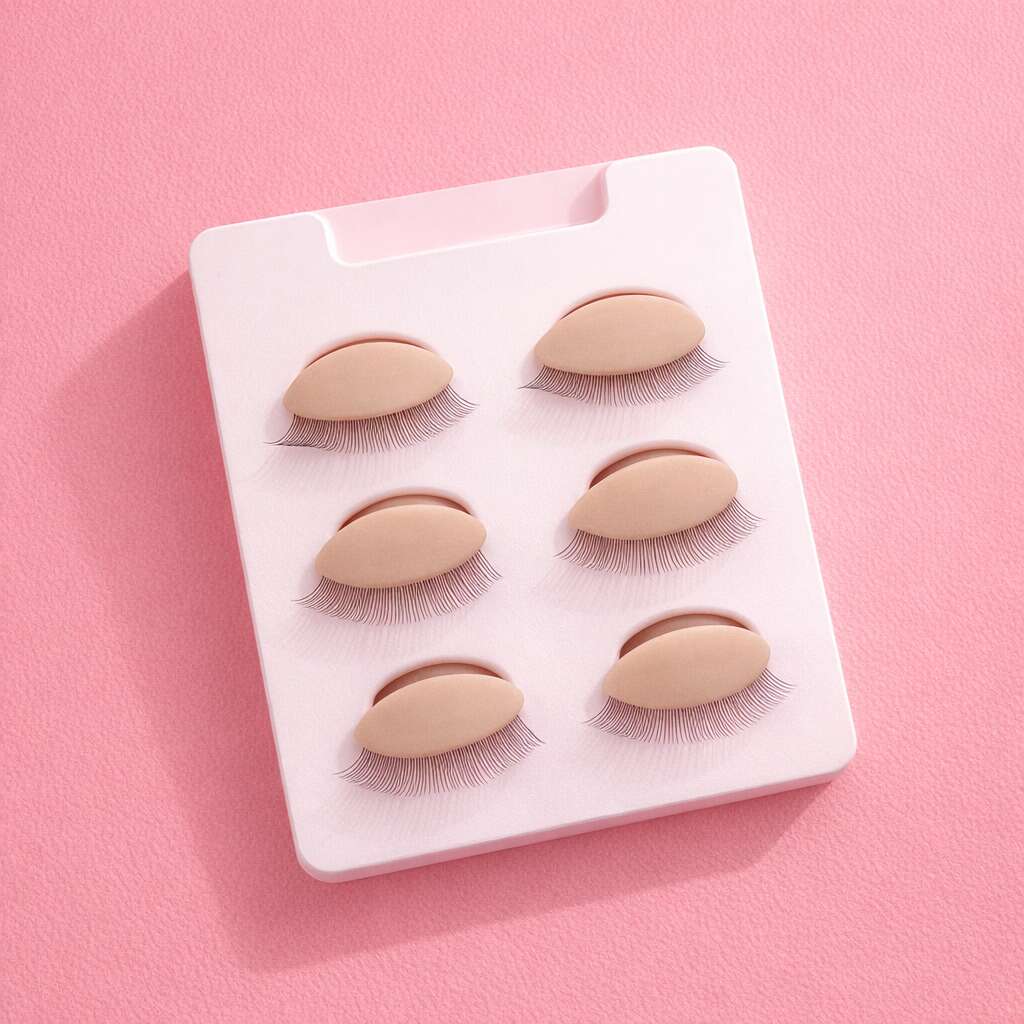 Six pairs of handcrafted false eyelashes on a pale pink holder, featuring natural fluttery styles.