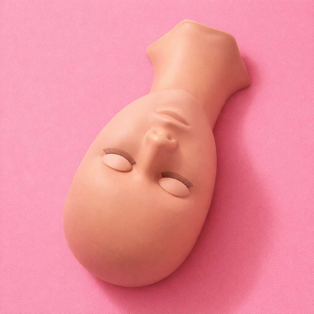 Realistic beige mannequin head with closed eyes for wig styling and display on pink background.