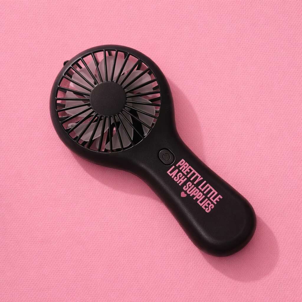 Black handheld fan with "Pretty Little Lash Supplies" text, ideal for lash extensions and beauty applications.