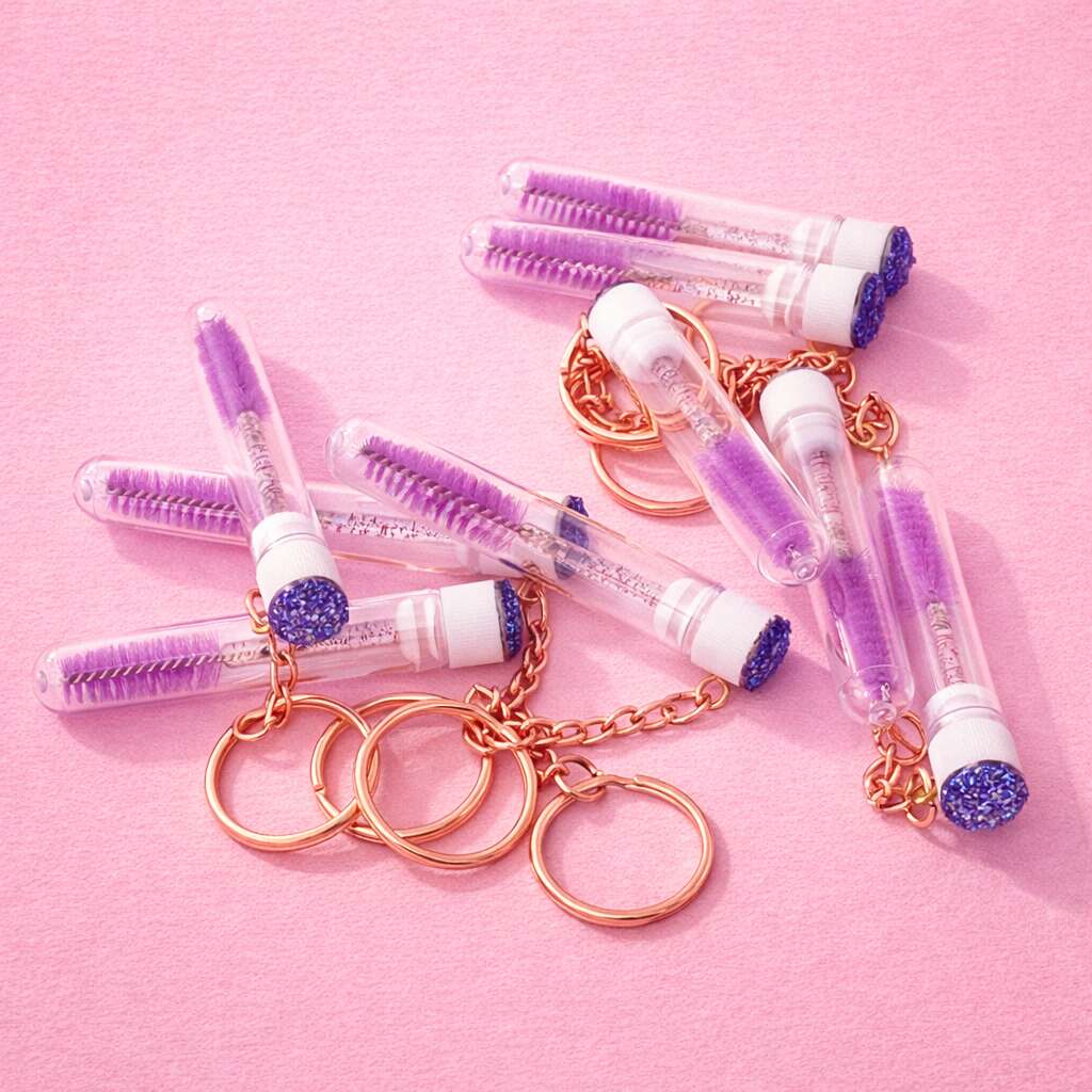Purple mascara wands in clear tubes with glittery caps, on rose gold keychains, perfect for stylish makeup enthusiasts.