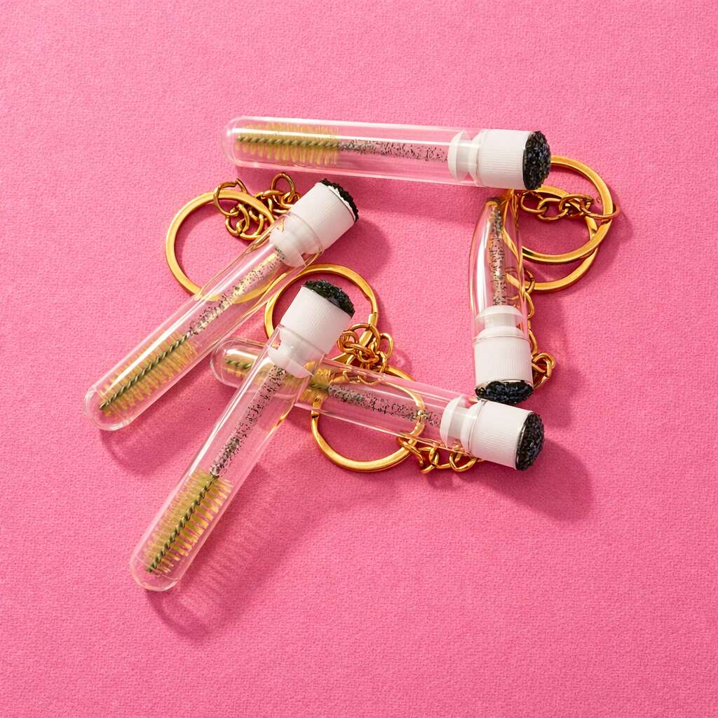 Gold keychain with clear test tubes and screws, featuring a modern, playful design on a pink background.