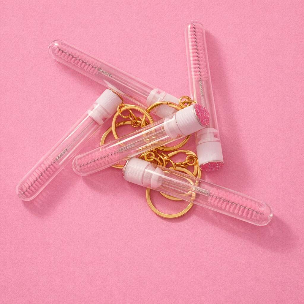 Clear acrylic keychain tubes with pink glitter caps, stylish and practical for holding small items.