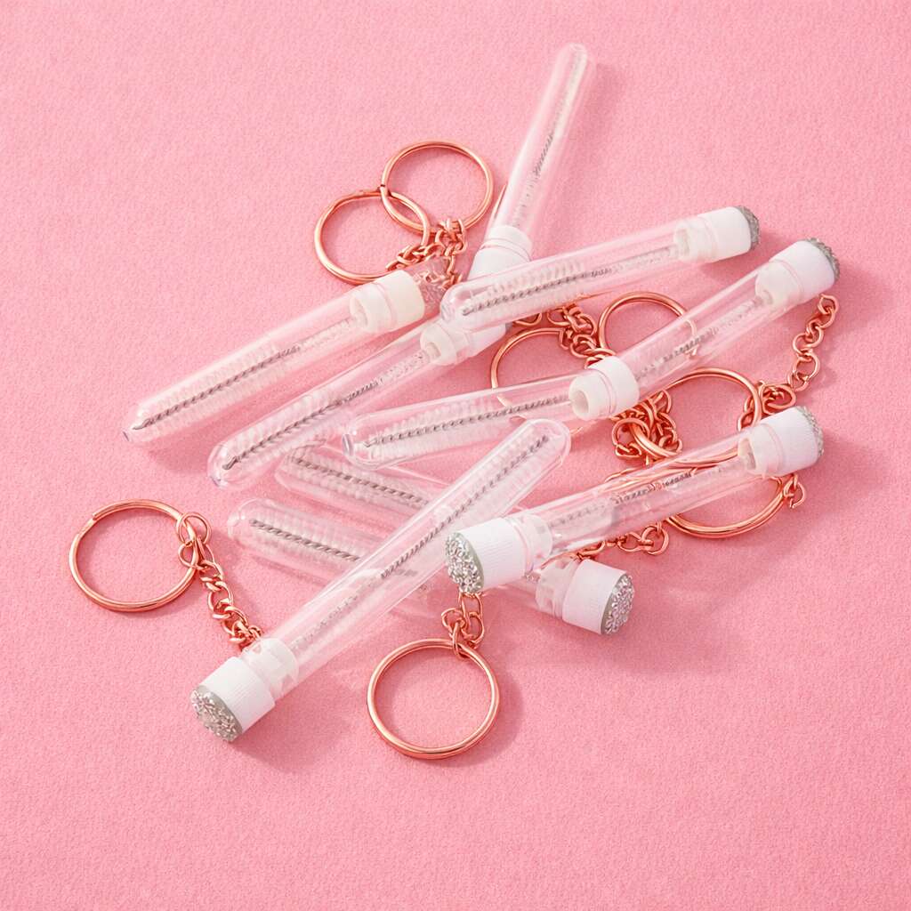 Rose gold keychain lip gloss tubes, transparent bodies with diamond-like caps, ideal for on-the-go beauty storage.