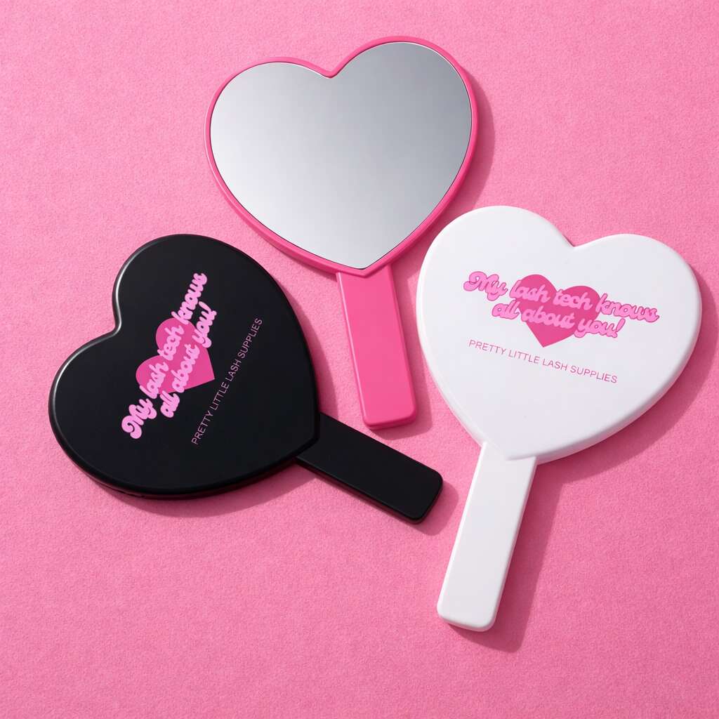 Three heart-shaped handheld mirrors in black, pink, and white with text: "My lash tech knows all about you!"