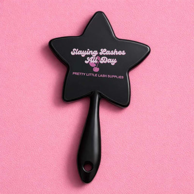 Black star-shaped lash mirror with "Slaying Lashes All Day" text, perfect for beauty enthusiasts and lash lovers.