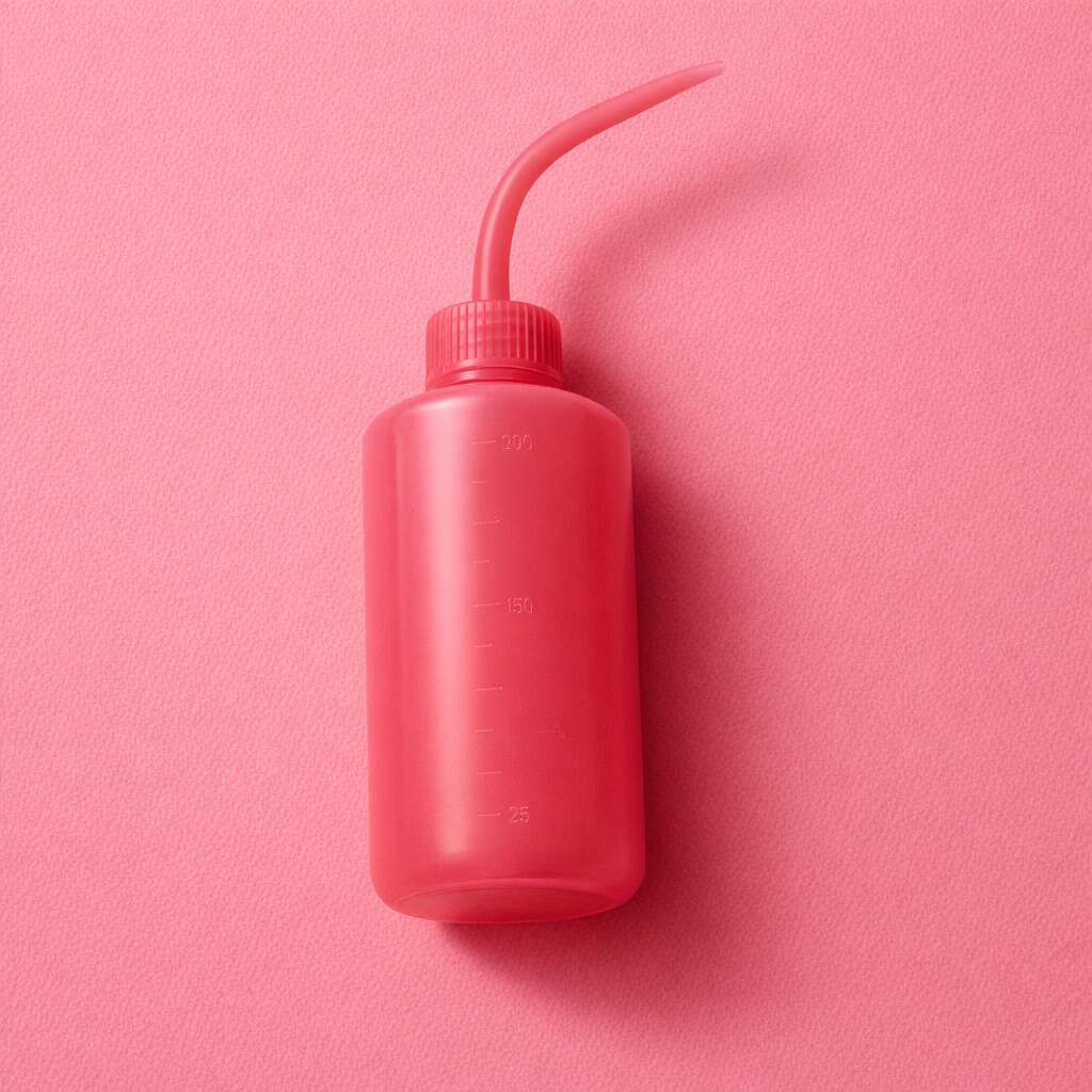 Bright pink plastic squeeze bottle with a long spout, ideal for precise pouring in kitchens or crafts.