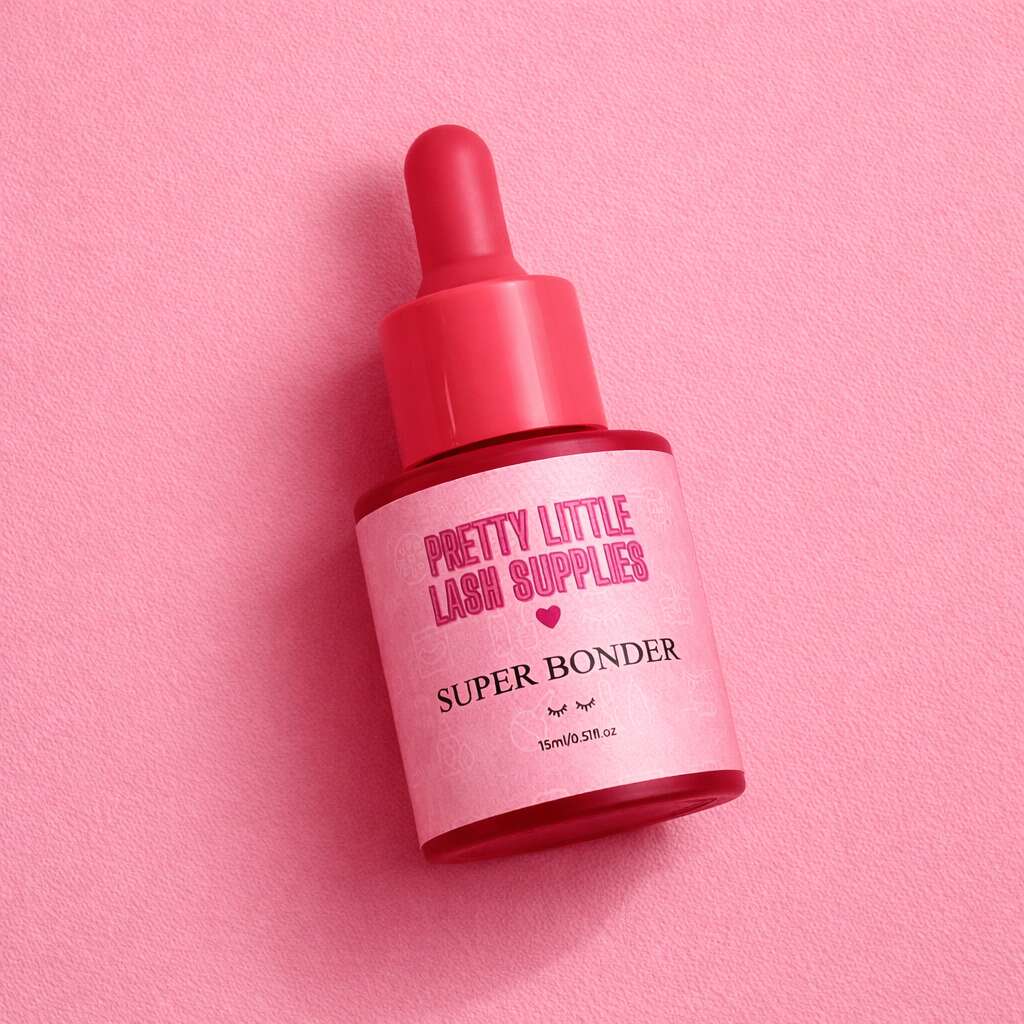 Pretty Little Lash Supplies Super Bonder in pink glass dropper bottle, 15ml, perfect for enhancing eyelash extensions.