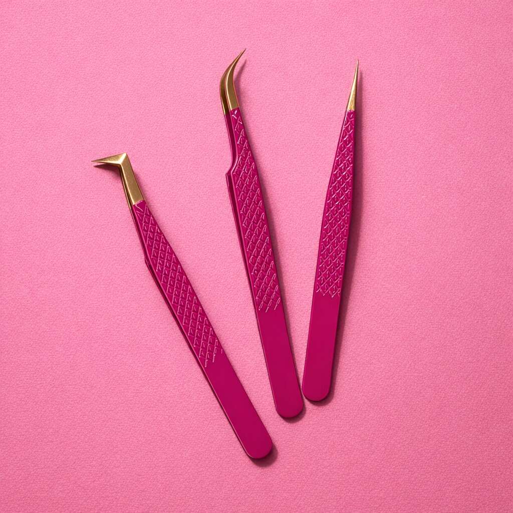 Set of three pink tweezers with gold accents, featuring precision tips for perfect grooming and styling.