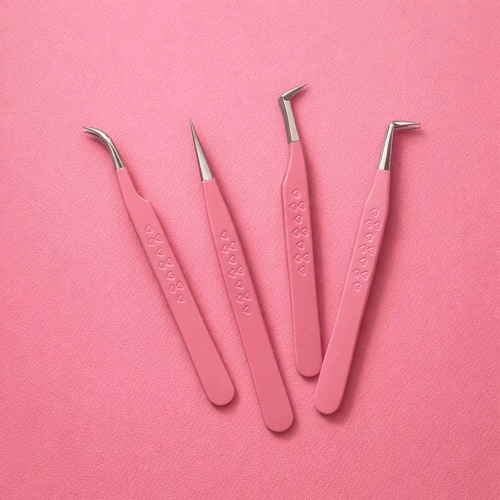 Set of 4 pink stainless steel tweezers with heart-patterned grips, ideal for precision grooming and styling.
