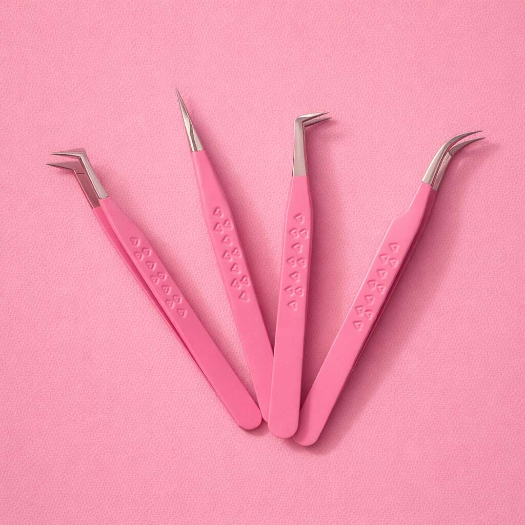 Set of four pink tweezers with stainless steel tips and heart-patterned handles for precision grooming and styling.