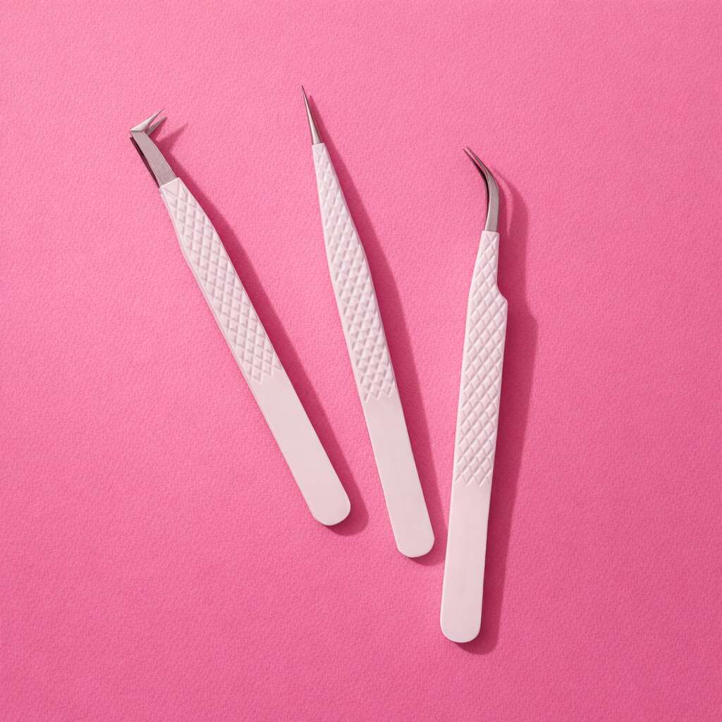 Set of three white stainless steel tweezers on pink background; textured grip, precision tips for beauty or crafting.