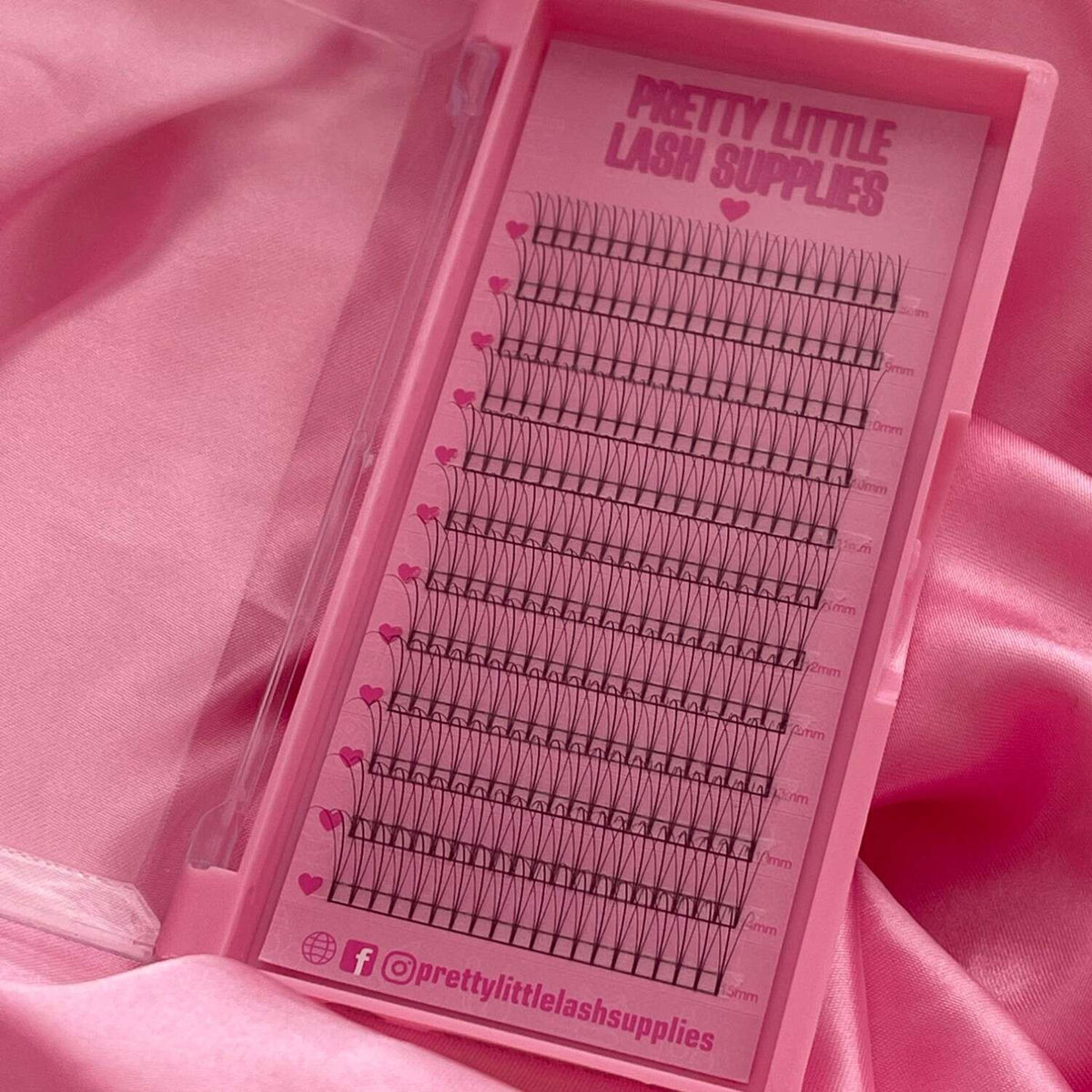 Whispy pre-made eyelash extensions in black, displayed in a pink palette, perfect for professional use.