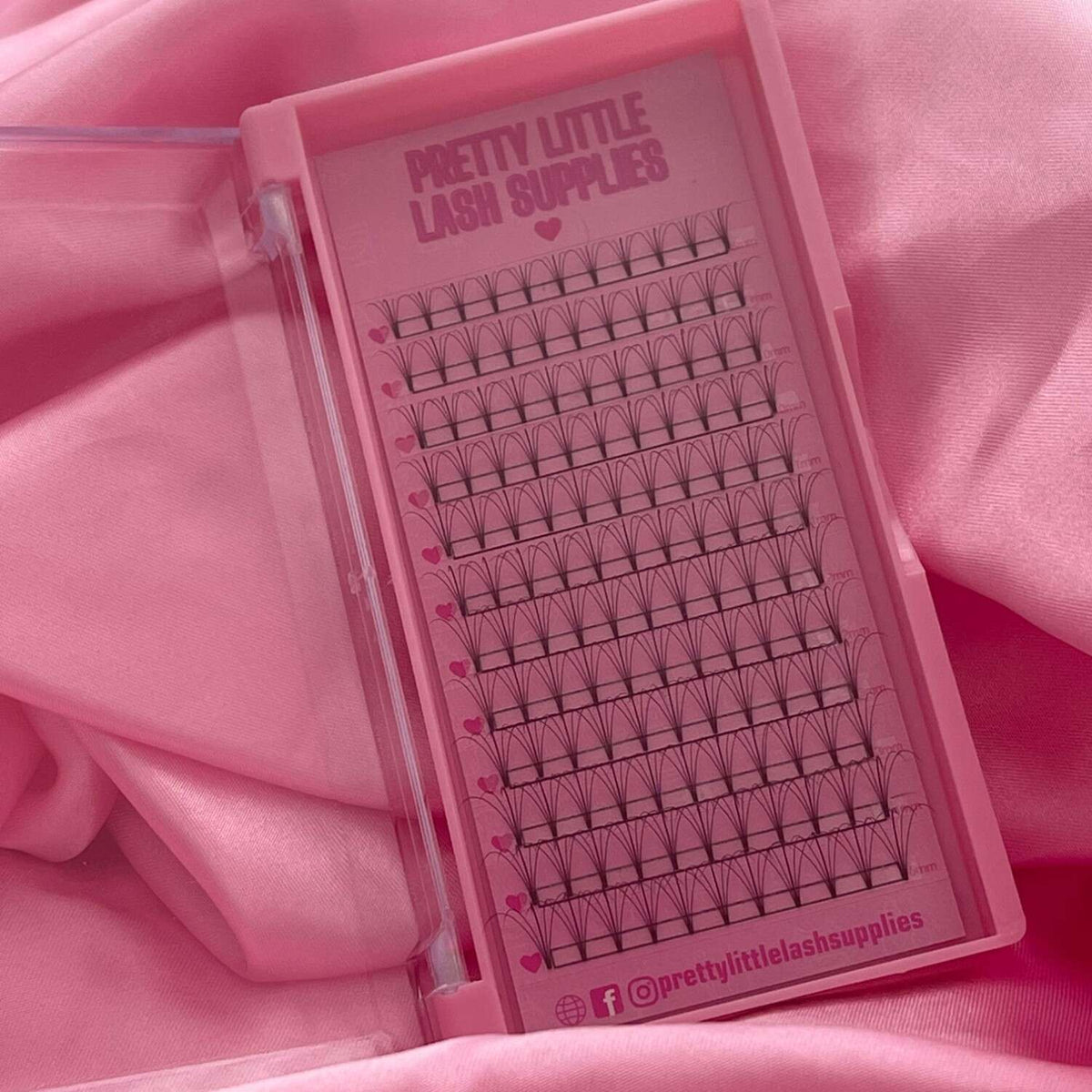 Whispy pre-made eyelash extensions in black, displayed in a pink palette, perfect for professional use.