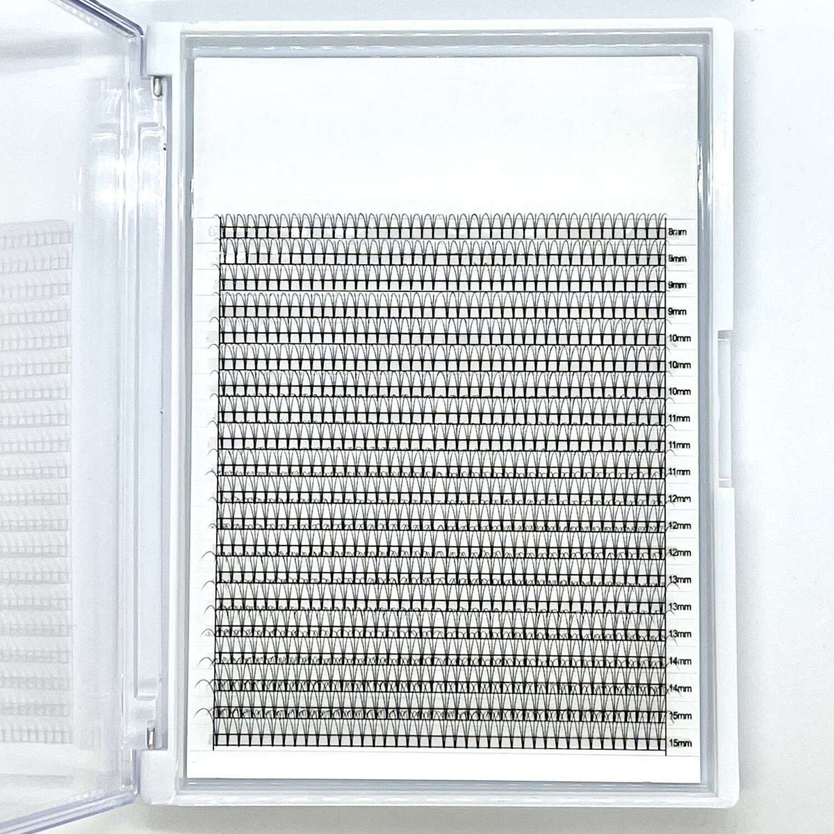 Classic black eyelash extensions in various lengths (8mm-15mm), neatly organized in a clear storage case.
